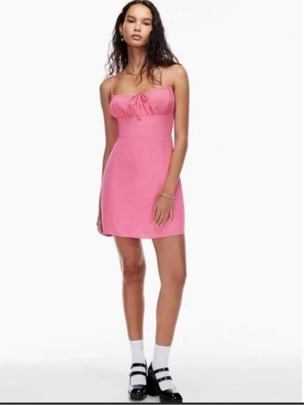 Sun-deh Aritzia Delilah Ruched Back Tie Bust Barbie Pink Mini Dress Sz XS
